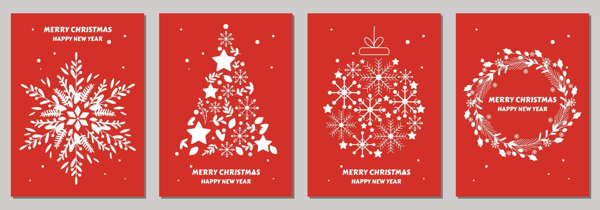 tarjetas navideñas con feliz navidad con adornos navideños y diseño tipográfico. ilustración vectorial color rojo y blanco vector