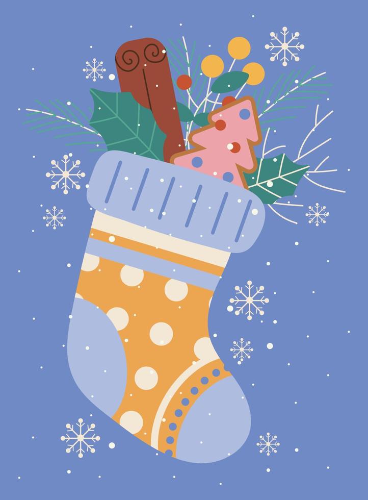 Christmas greeting card with sock and decor, twigs, snowflakes, cookies, leaves, cinnamon, berries, fir tree. Vector illustration on a blue background.