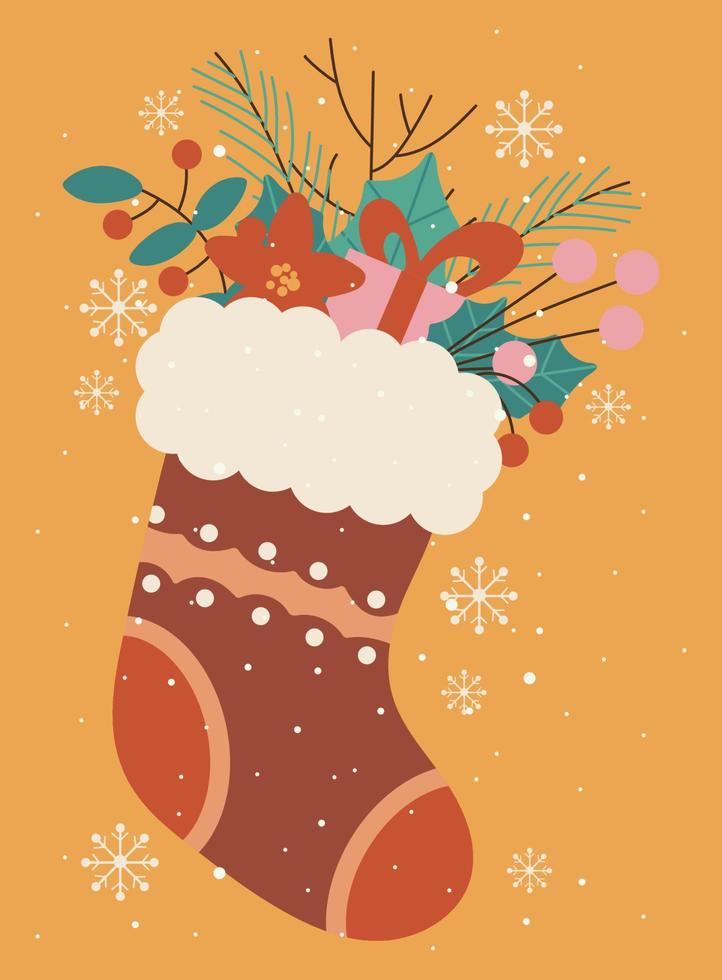 Christmas greeting card with sock and decor, twigs, snowflakes, gift boxes, leaves, berries. Vector illustration on a bright yellow background.