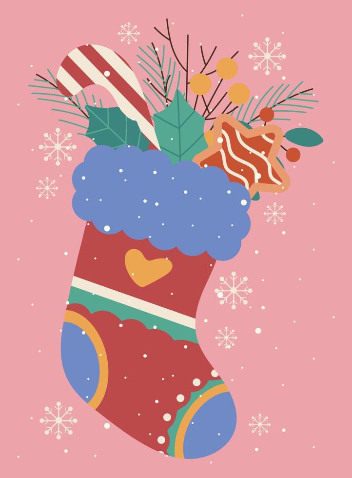 Christmas greeting card with sock and decor, twigs, snowflakes, cookies, leaves, christmas candy, berries. Vector illustration on a pastel pink background.