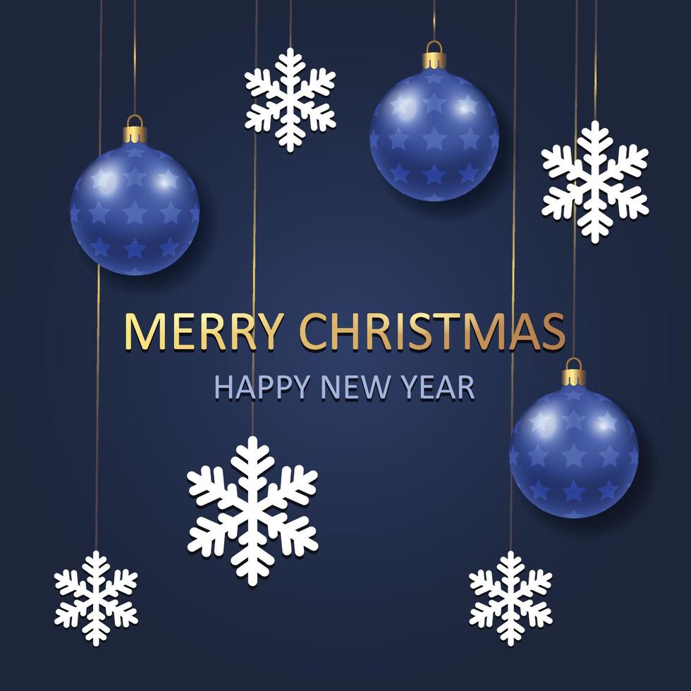 feliz navidad y feliz año nuevo tarjeta con bolas de navidad, juguetes de árboles de navidad y copos de nieve vector