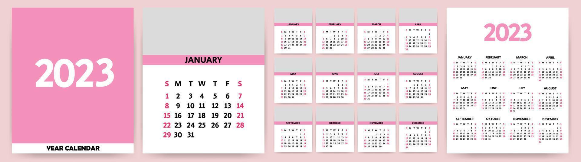 Monthly calendar template for 2023. Calendar template for 2023.  The week starts on Sunday. Calendar design in pink and white colors. Vector