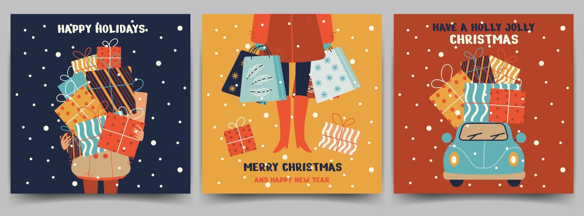 Christmas holiday cards. Square postcard templates with people, car and gifts. Merry christmas, happy holidays, holly jolly text. Vector illustration.