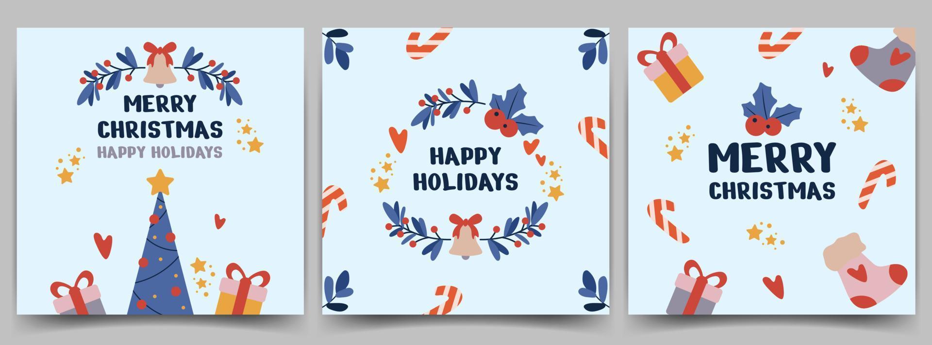 Christmas holiday cards. Square postcard templates with Christmas tree, gifts, socks, Christmas sticks, leaves and text on a light background. Vector. vector