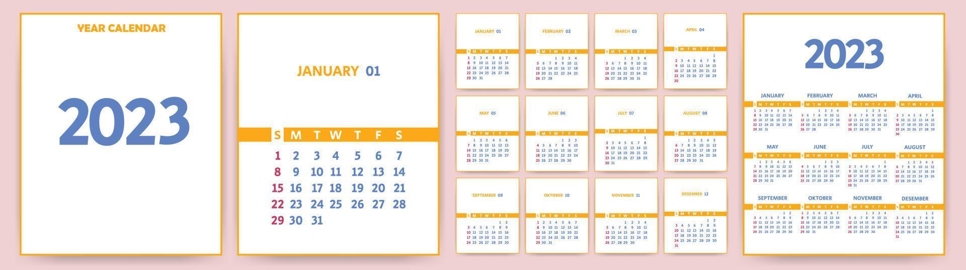 Month and year calendar template for 2023. Calendar template for 2023.  The week starts on Sunday. Vector