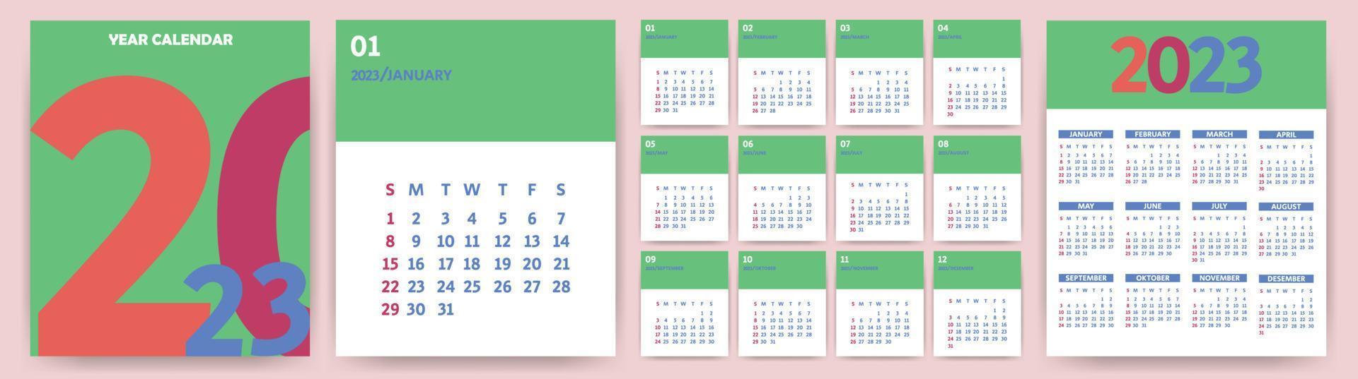 Calendar 2023. Monthly calendar template for 2023. The week starts on Sunday. Calendar design in green, red, blue colors. Vector