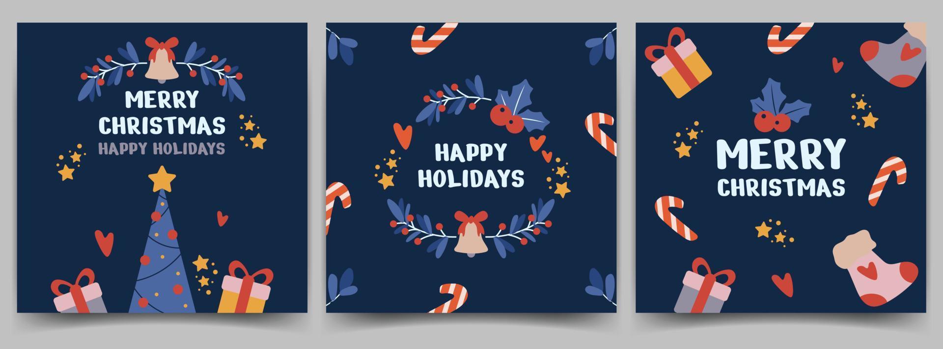 Christmas holiday cards. Postcard templates with Christmas tree, gifts, socks, Christmas sticks on a dark background. Vector illustration.