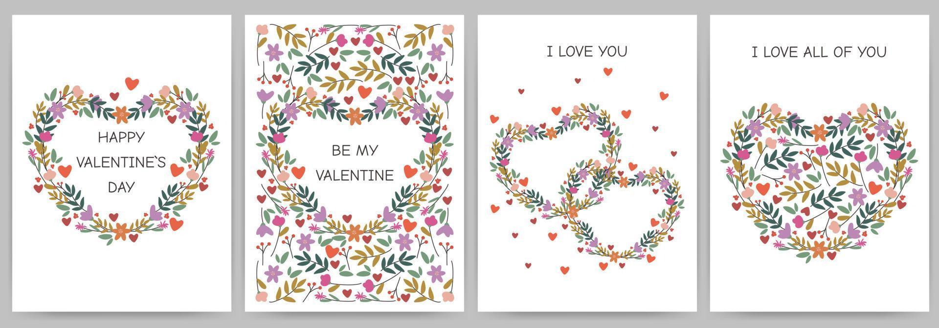 Happy Valentine's Day greeting cards. The 14th of February. Rectangular templates with flowers, hearts and text. Suitable for social media posts, mobile applications, banner design and advertising. vector