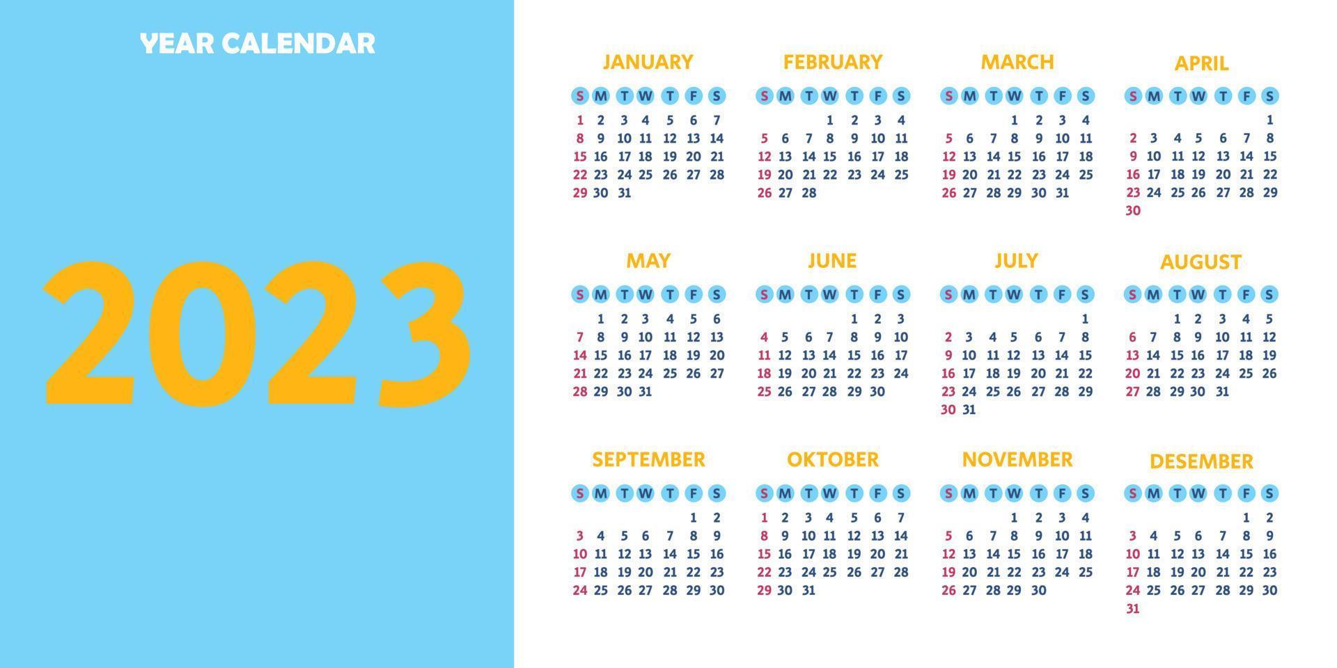 2023 calendar year, vector. The week starts on Sunday. Yearly calendar 2023 template. Calendar design in blue, yellow and white  colors. vector