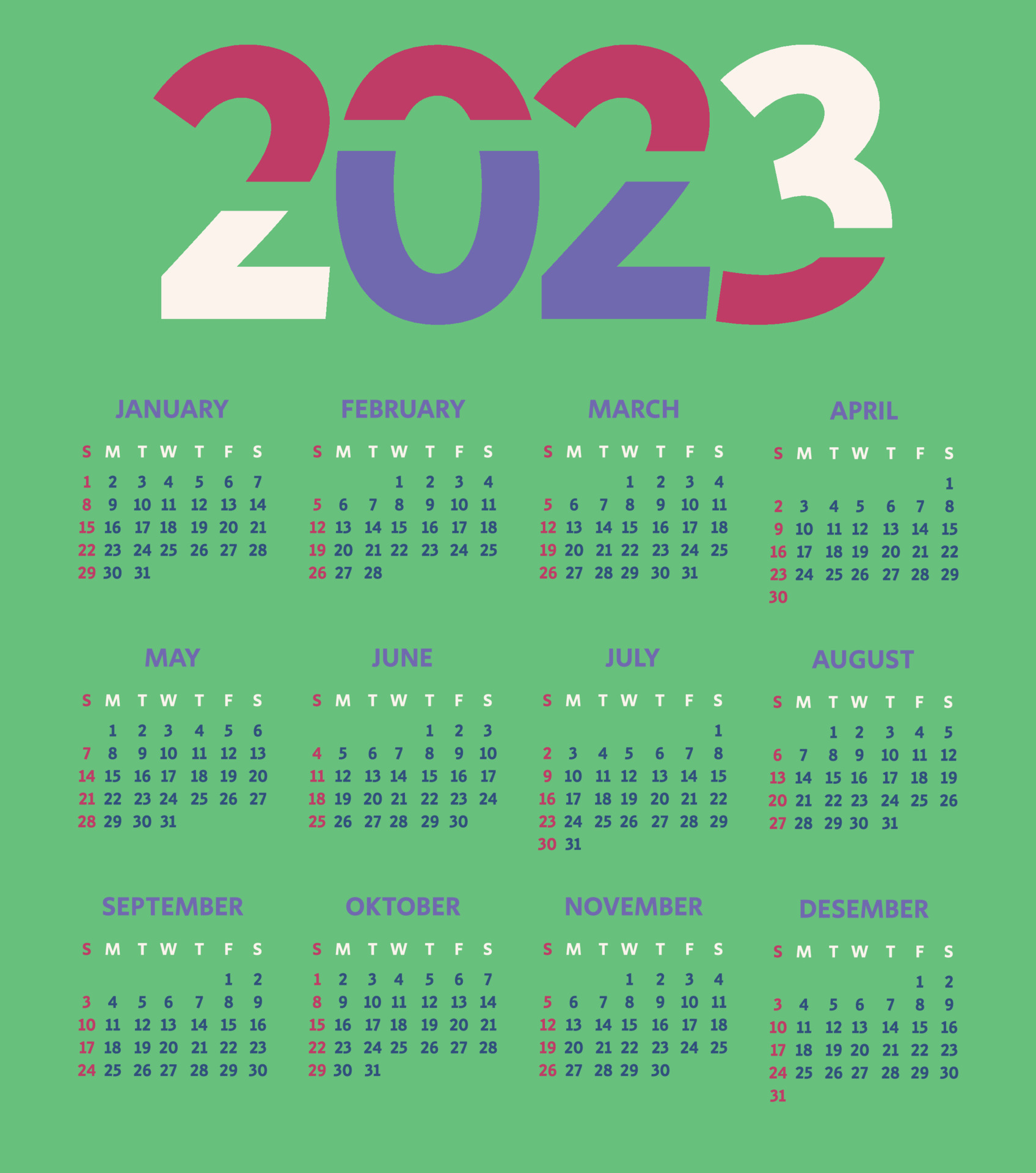 2023 año calendario. la semana comienza el domingo. plantilla de calendario 2023. diseño de