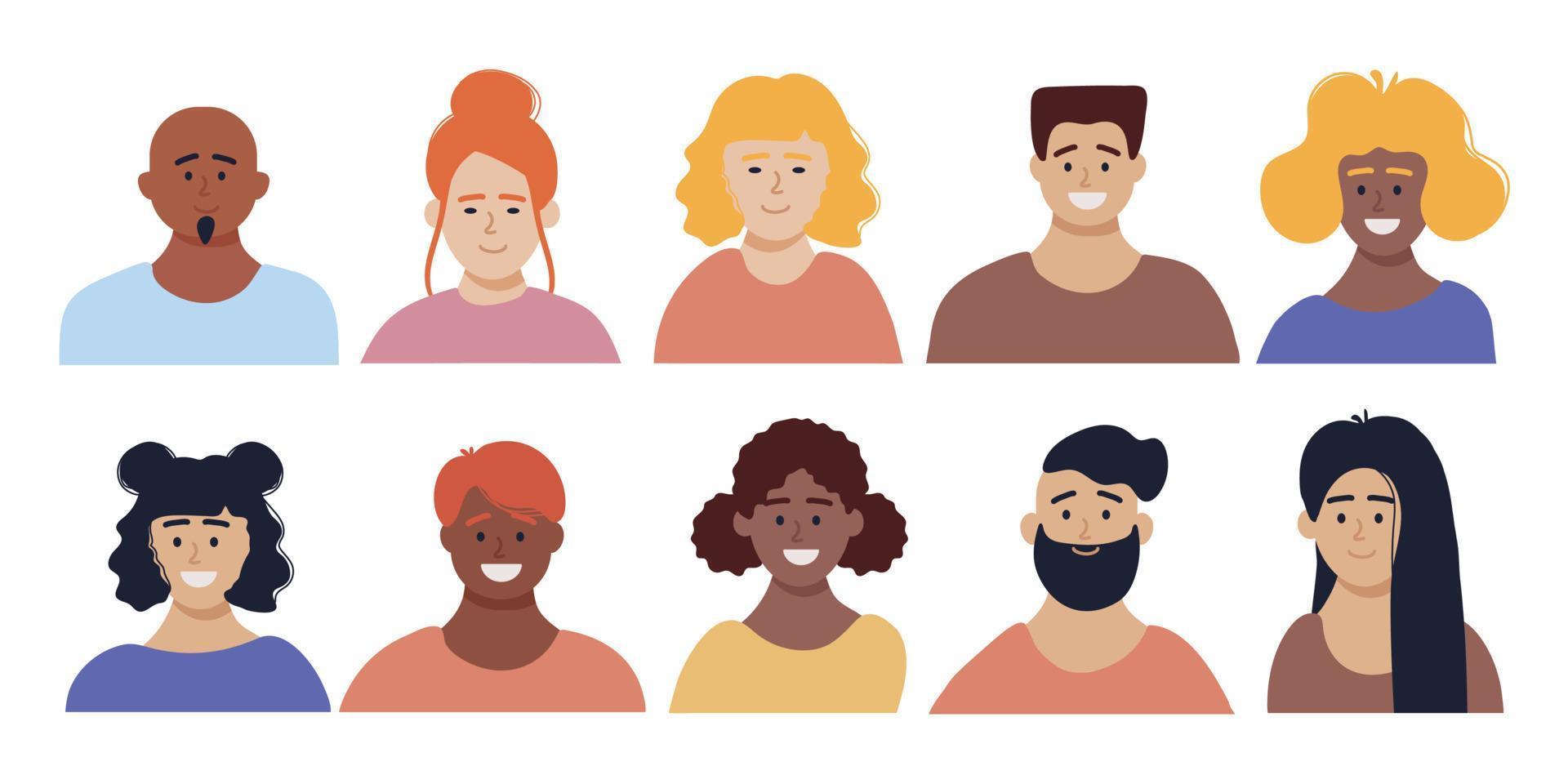 Set of avatars of happy people, characters. Men and women of different cultures and nationalities. Social diversity. Flat cartoon vector illustration.