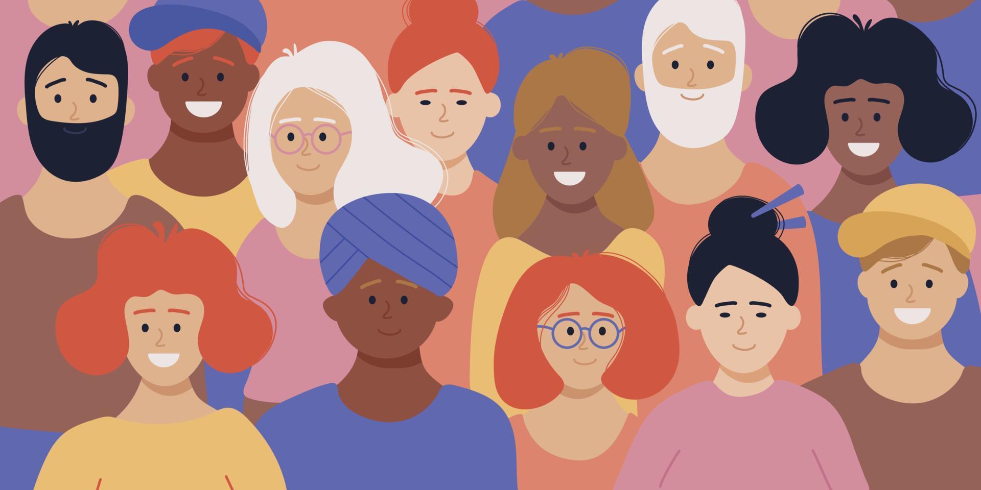 Multiracial and multicultural group of people, crowd. Happy people standing together of different races. Social diversity. Flat cartoon vector illustration.