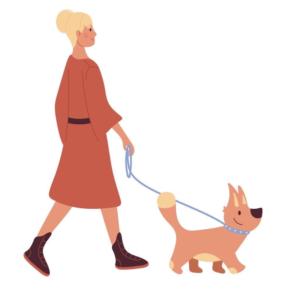 una niña, una mujer con un abrigo rojo, un vestido, camina con un perro con correa. ilustración vectorial aislado sobre fondo blanco. vector