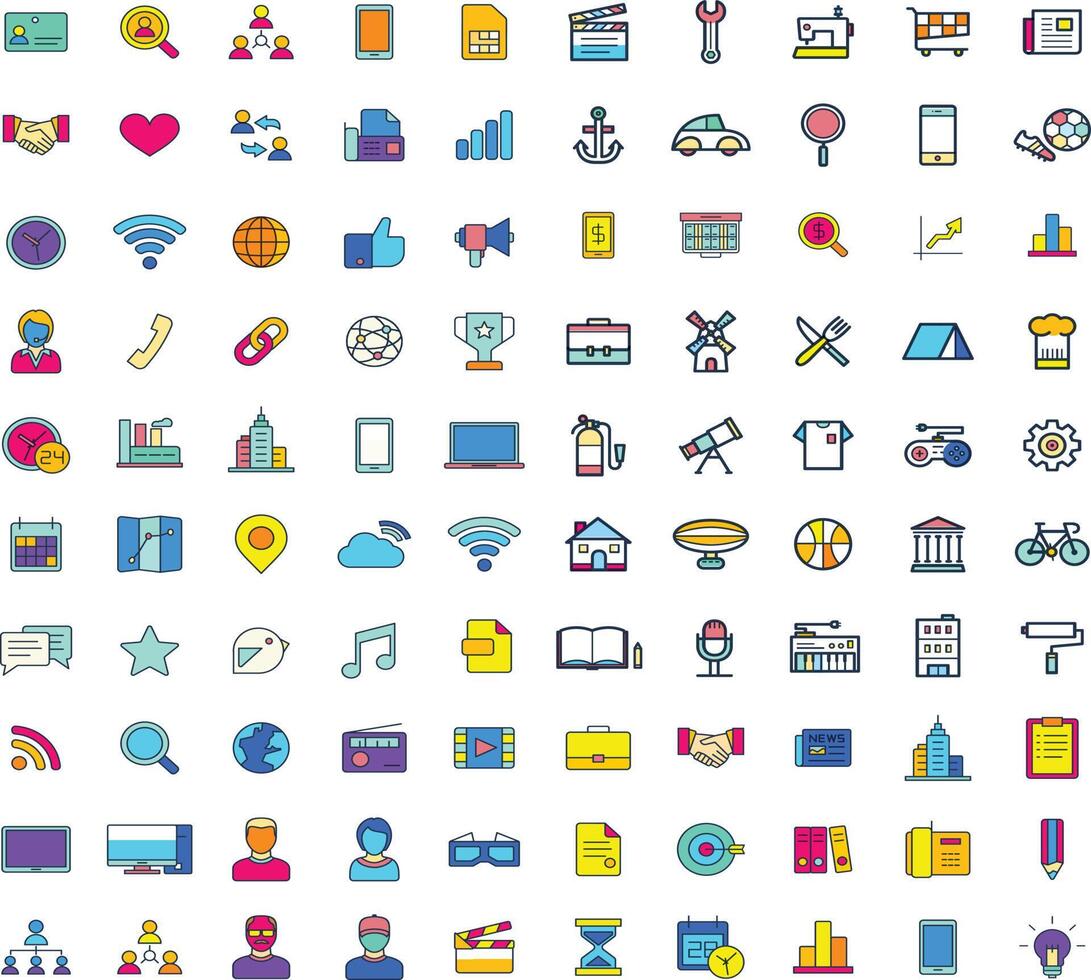 Set of colorful flat icons, for web, internet, mobile apps, icons design, business, finance, shopping, communication, computer, media, travel. flat icon designs, long shadow icons, outline icons. vector