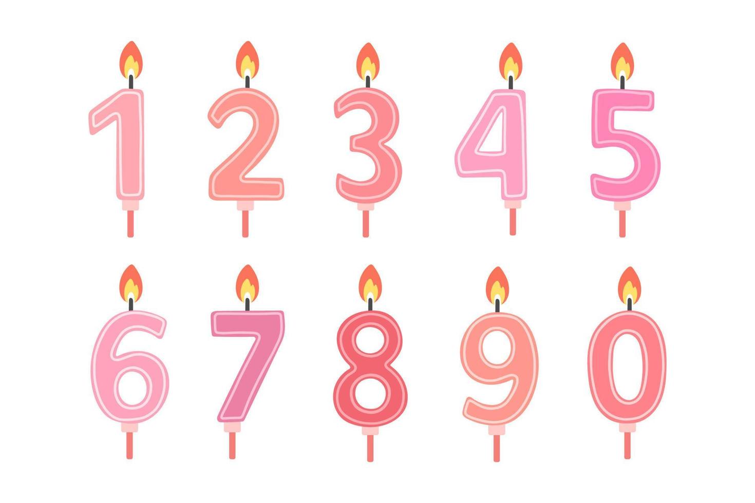 Set of Happy Birthday candle numbers. Pink color. Vector flat design illustration.