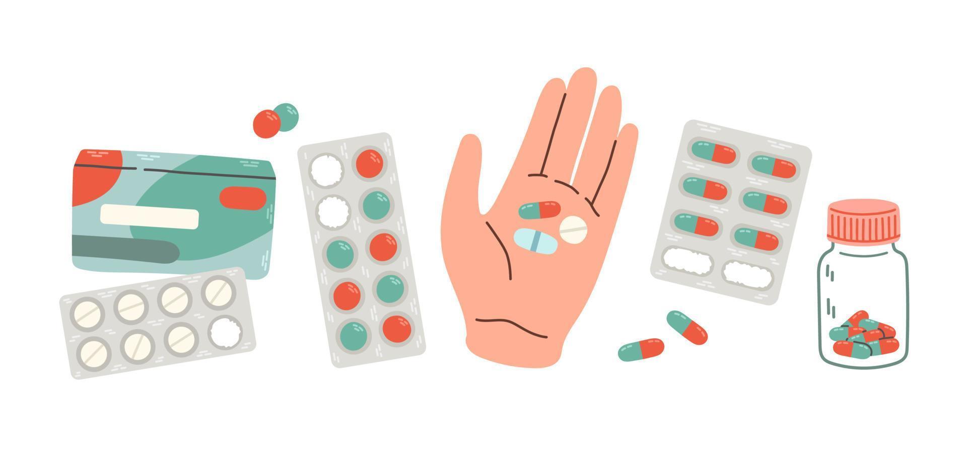 píldoras, tabletas y medicamentos, cápsulas coloridas. analgésicos ovalados o redondos, antibióticos vector