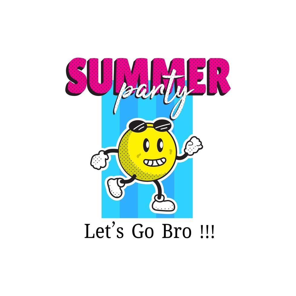 90s Retro Cute Cartoon Character Illustration. The slogan of the Summer Party, Let's Go Bro. for Poster or T-Shirt Print Design. Vector