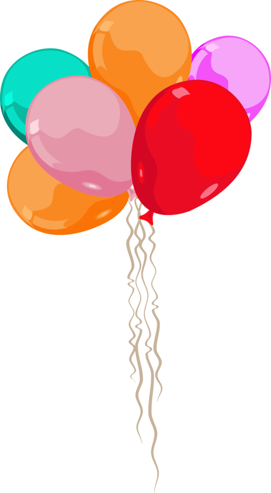 group of balloons colored in different colors such as red orange and green some ribbons are hanging from them png