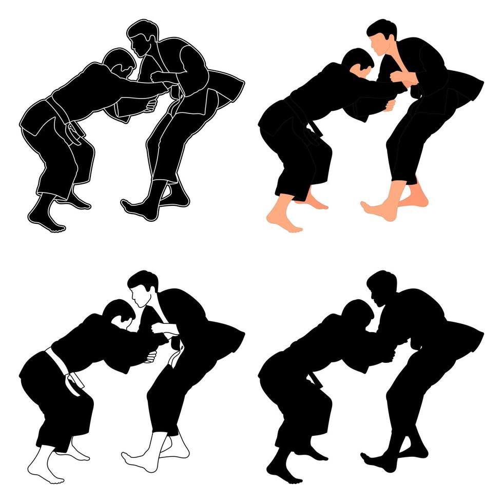 Silhouettes judoist, judoka, fighter in a duel, fight, judo sport, martial art, sport silhouettes pack vector