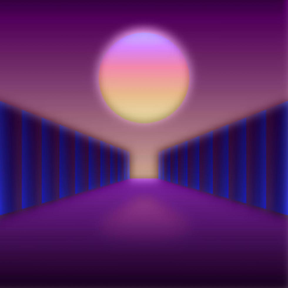 Retro styled digital futuristic landscape with moon and dark corridor gate vector