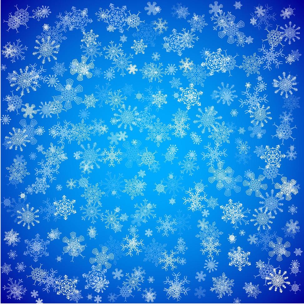 fondo azul de navidad con diferentes copos de nieve cayendo vector