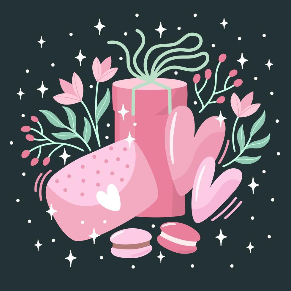 Valentine day vector illustration on a dark background. Creative greeting card with hand-drawn hearts and decorative elements.  Elegant design for banners, posters, invitations.