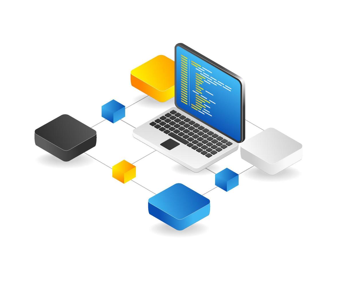 Flat isometric 3d illustration blockchain computer network program concept vector