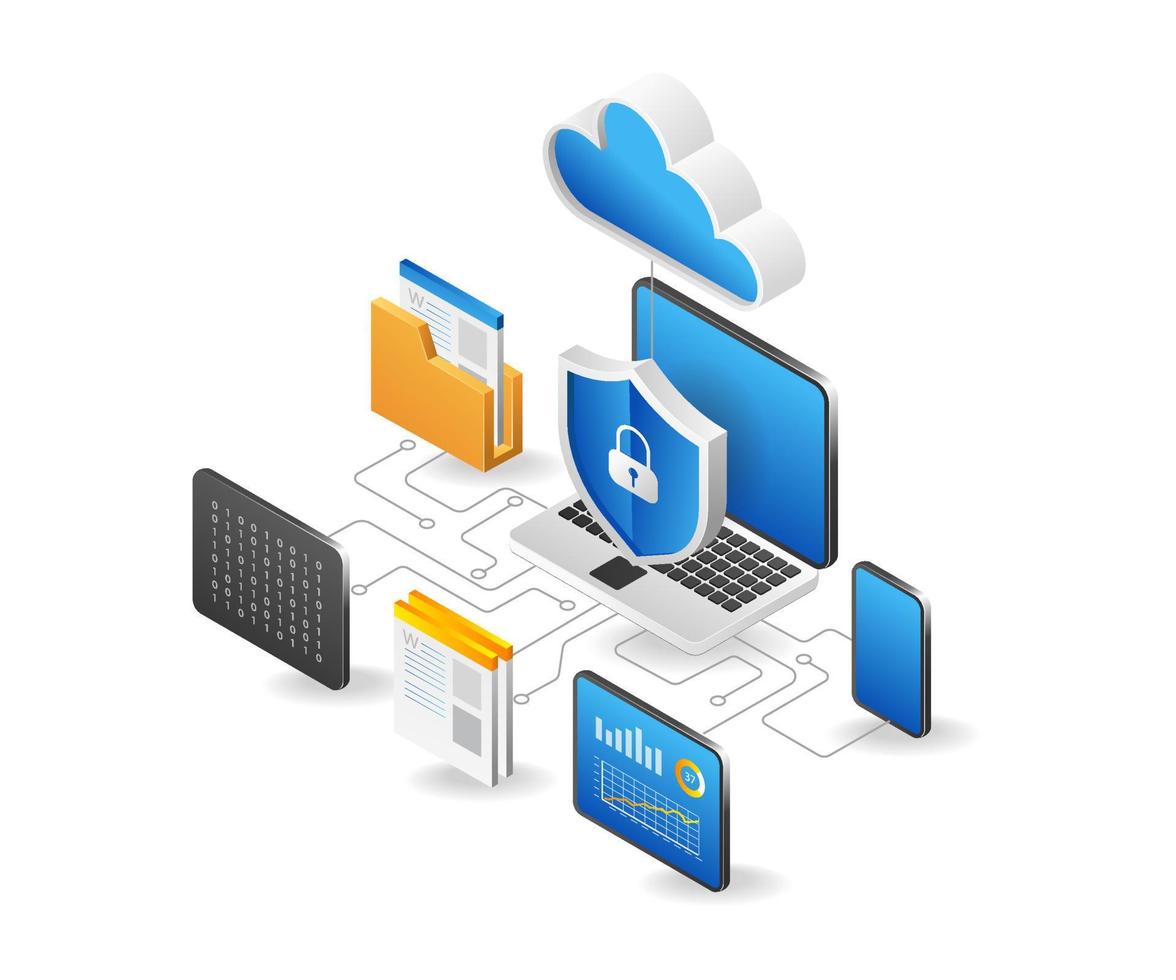 Flat isometric 3d illustration computer cloud server security program network concept vector