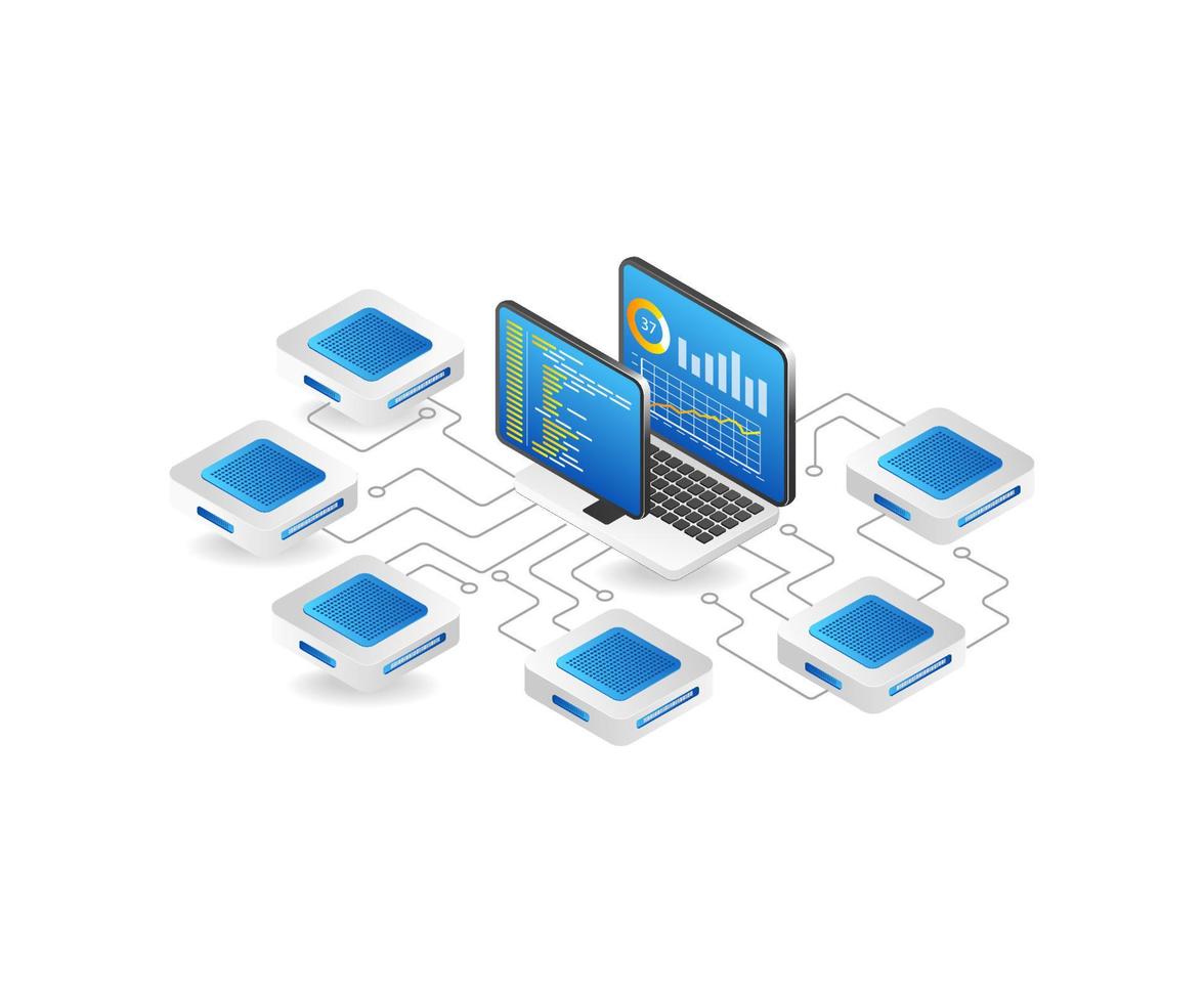 Flat isometric 3d illustration server chip network security analysis concept vector