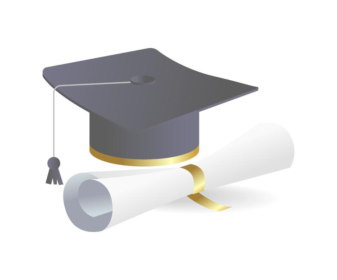 Flat isometric 3d illustration concept of graduation cap and certificate paper vector