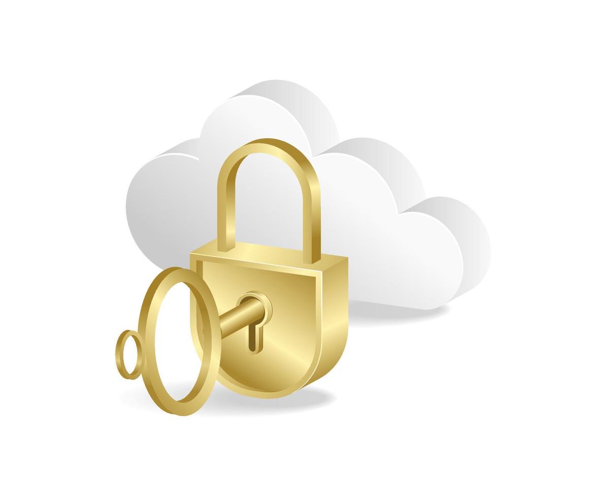 Flat isometric 3d illustration of cloud server security lock key concept vector