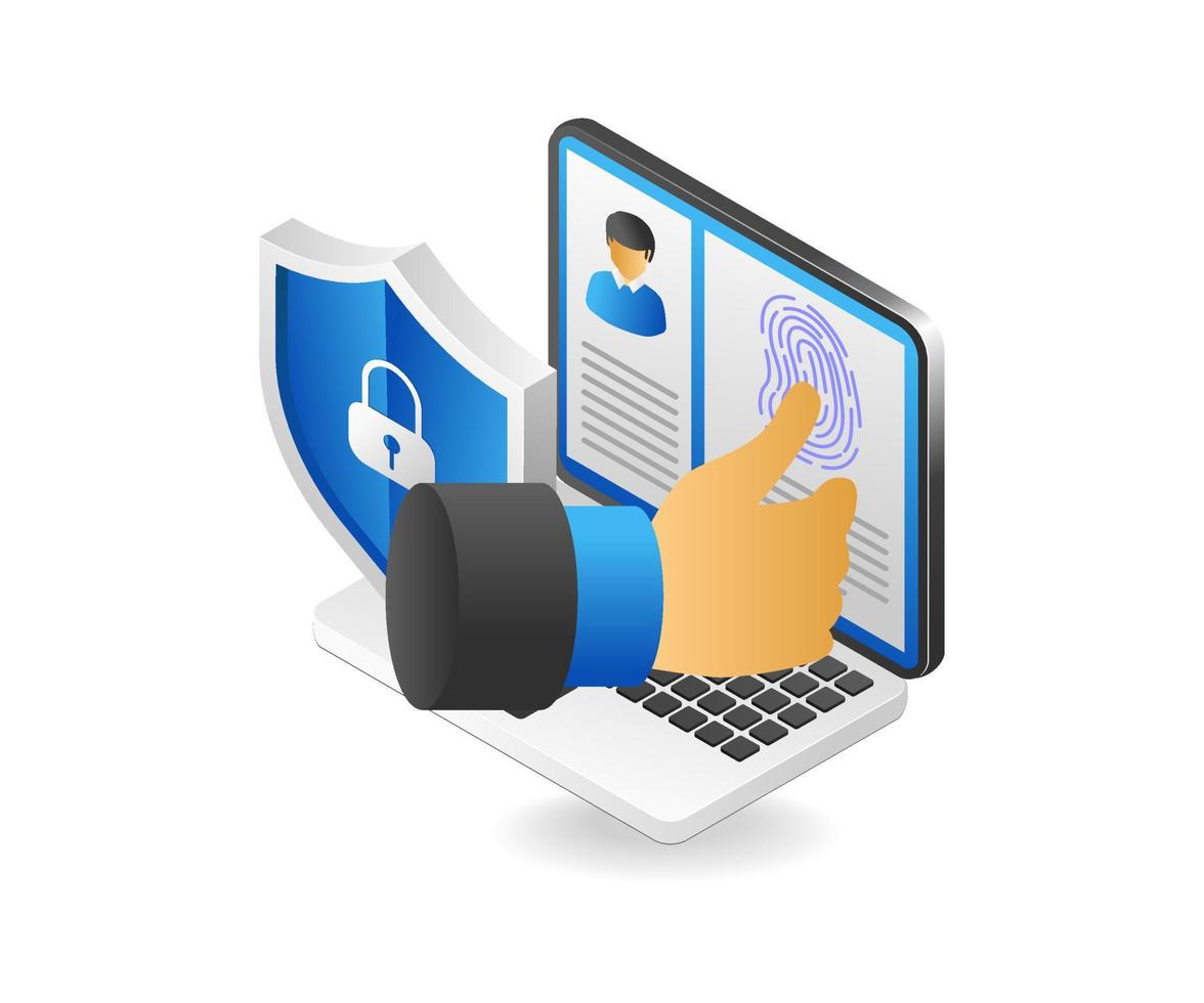 Flat isometric 3d illustration concept of entering fingerprint security on computer vector