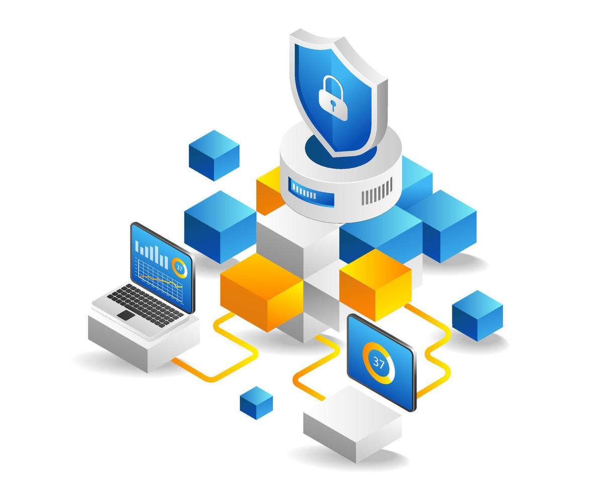 Flat isometric 3d illustration blockchain analysis program security concept vector