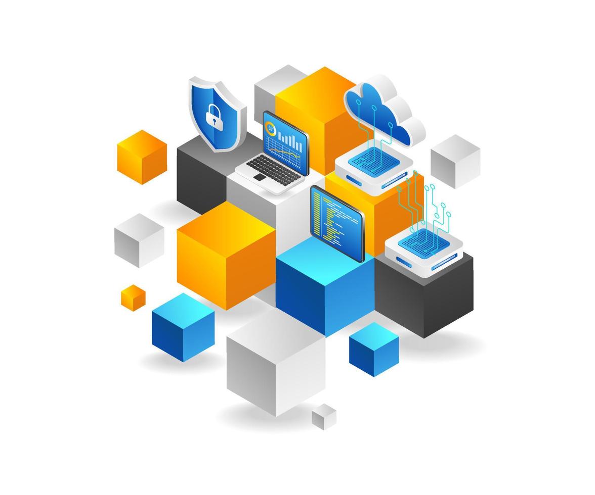 Flat isometric 3d illustration blockchain concept network security analysis server chip vector