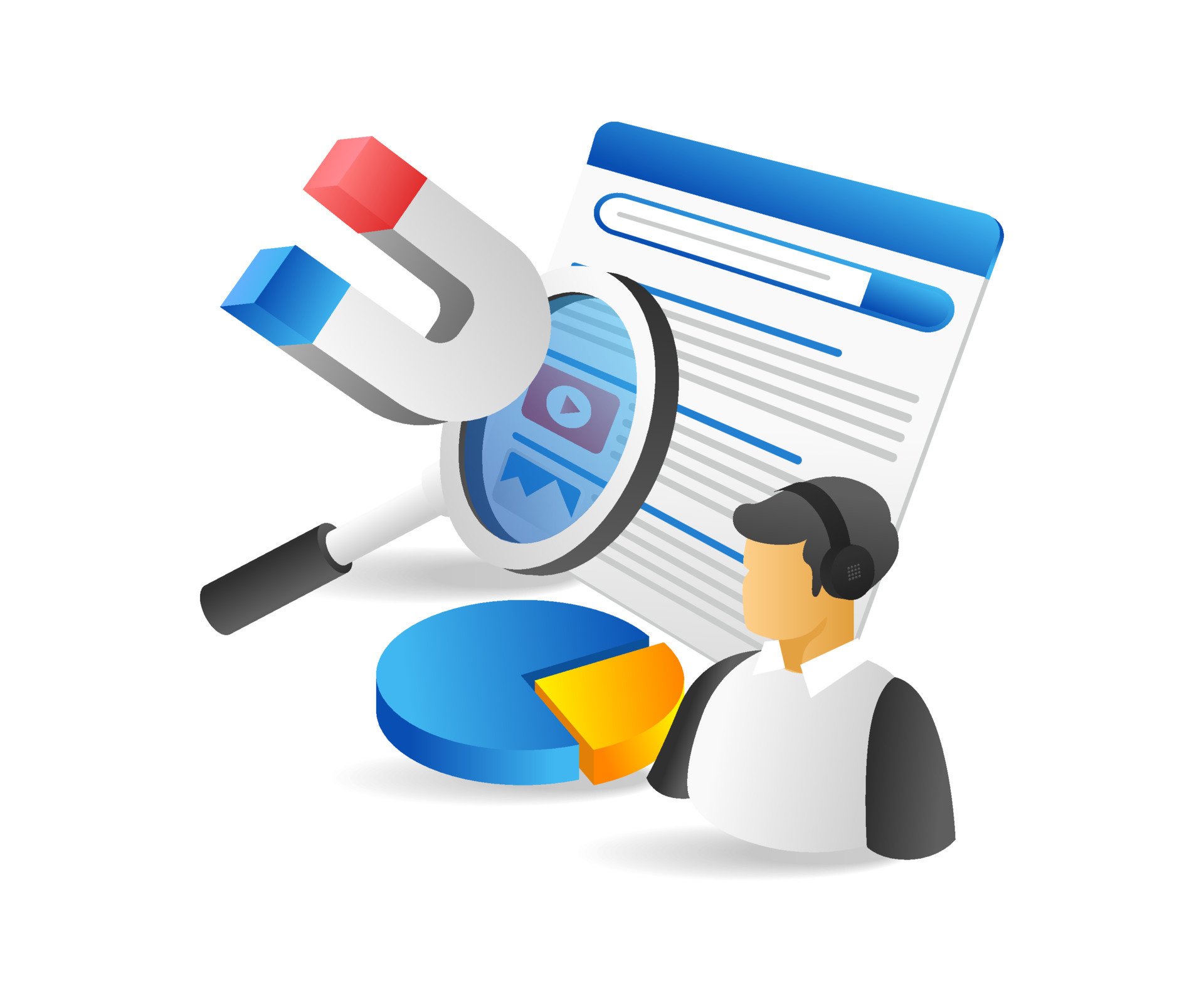 Flat isometric 3d illustration magnet seo optimization digital 