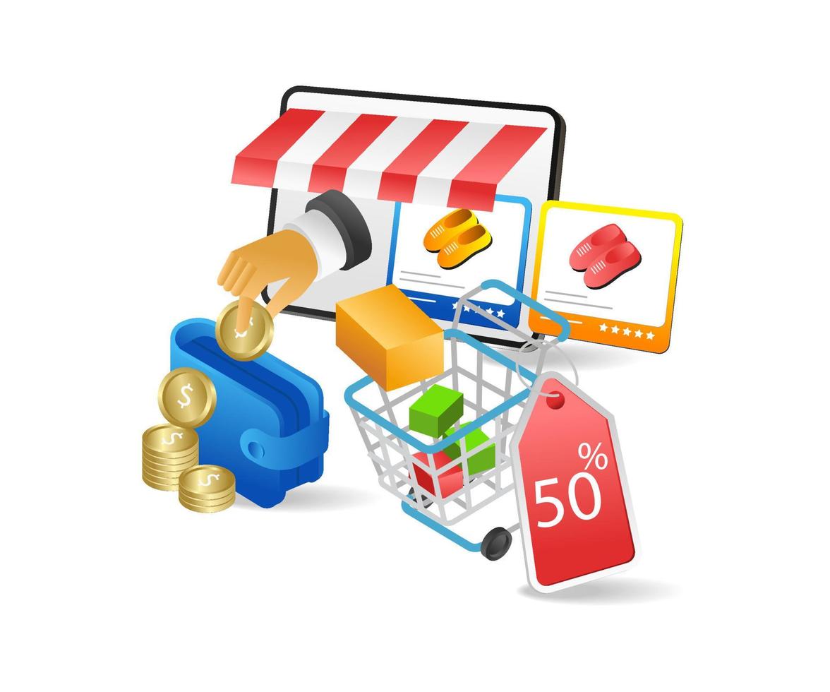 Isometric flat 3d illustration concept of shopping online and getting cashback vector