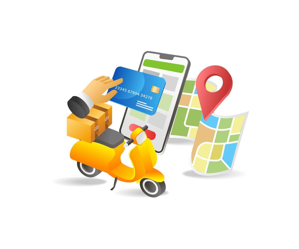 Isometric flat 3d illustration concept of goods delivery and online payment transaction vector