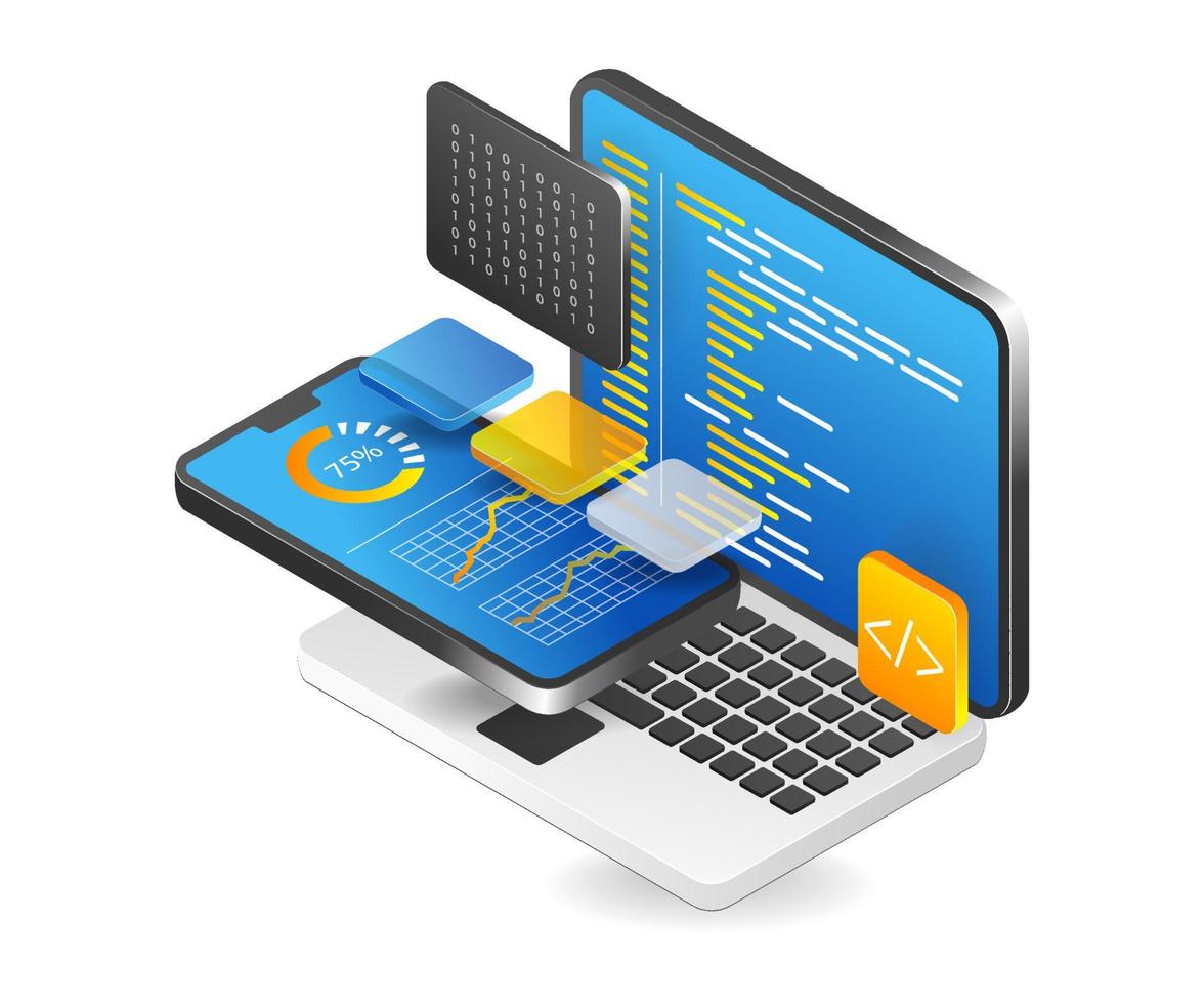 concepto de aplicación de tecnología de programador de analista de teléfono inteligente de ilustración 3d isométrica plana vector