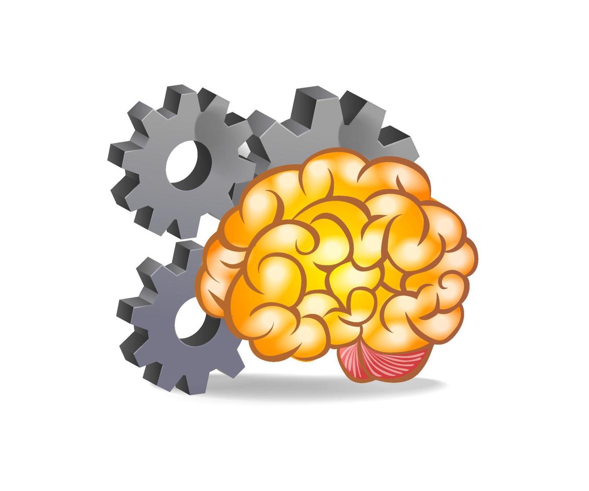 Flat isometric 3d illustration of gears with human brain symbol of artificial intelligence vector