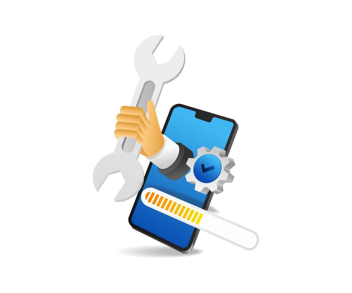 Flat isometric 3d illustration of smartphone app upgrade process vector