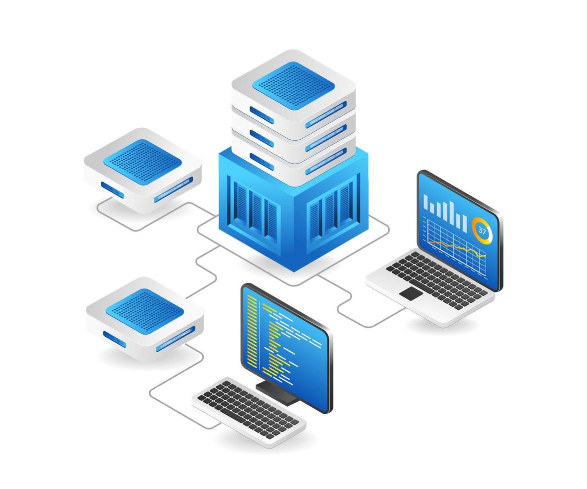 Flat isometric 3d illustration technology server network concept vector