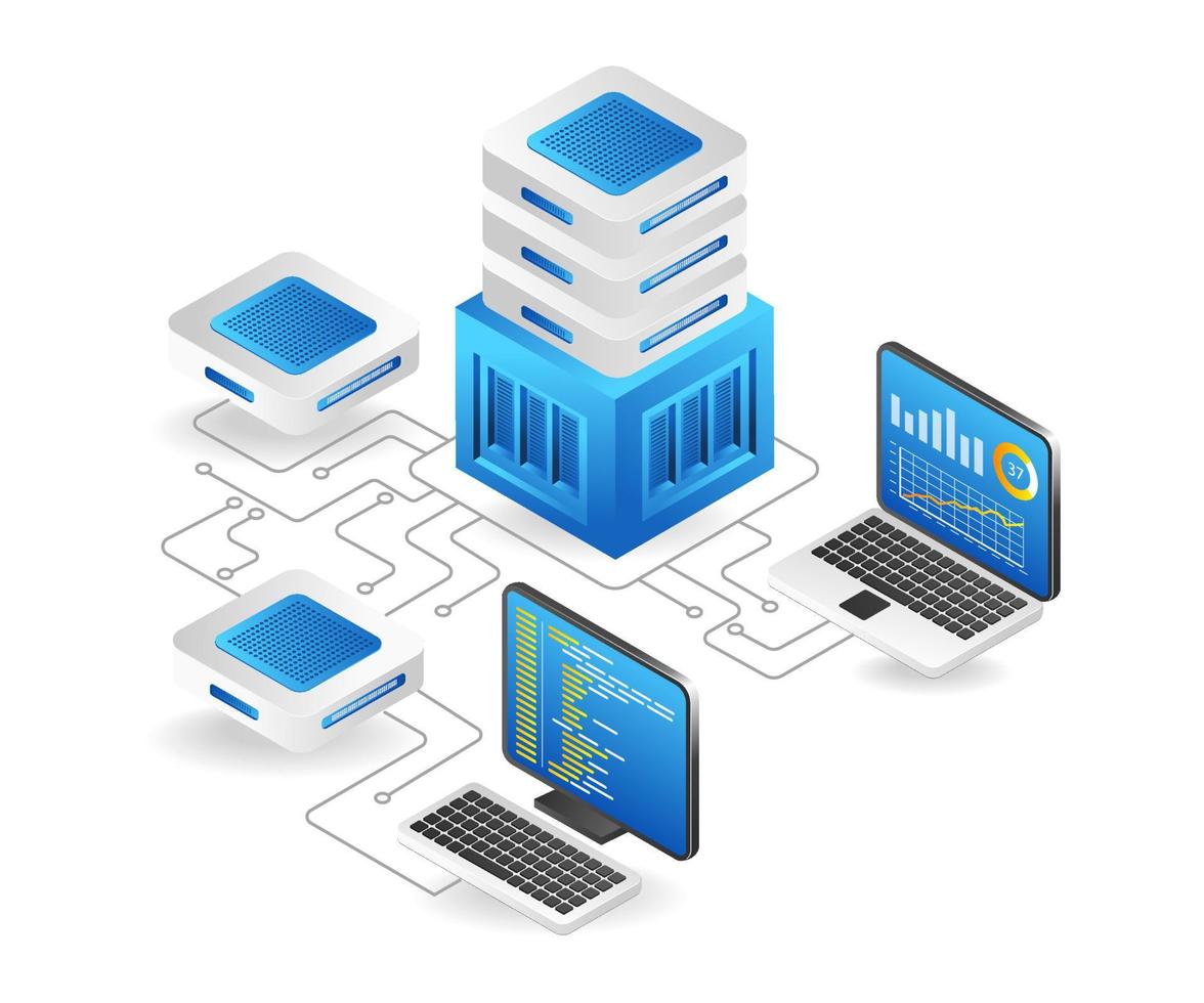 Flat isometric 3d illustration cloud server network security analysis concept vector