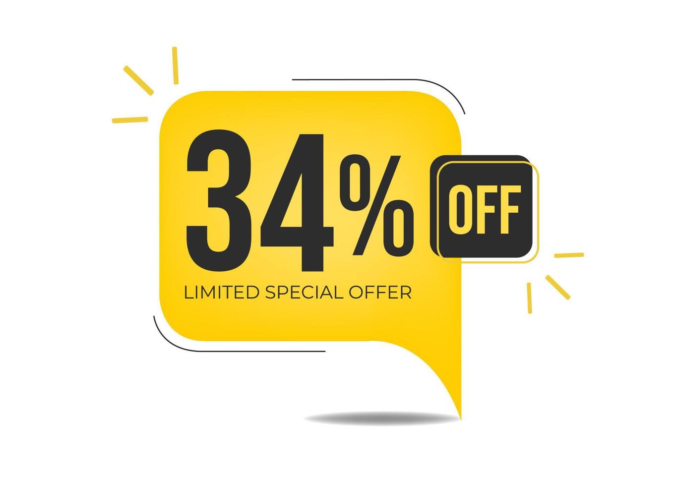 34 off limited special offer. Banner with thirty-four percent discount on a yellow square balloon. vector