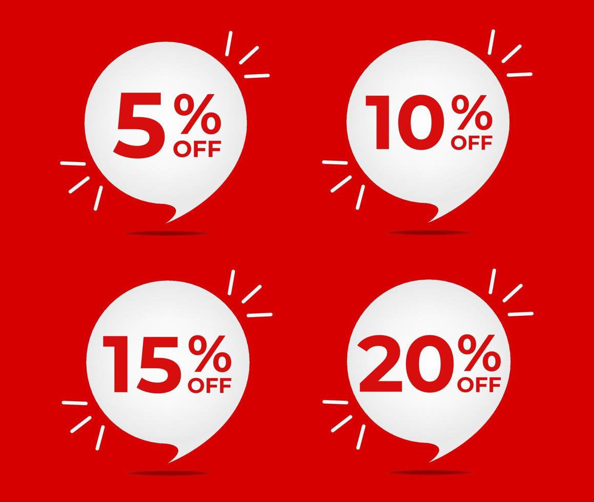 5 off, 10 off, 15 off and 20 off. Set of tag discounts. Banner with four red bubble balloons with special offers vector. vector