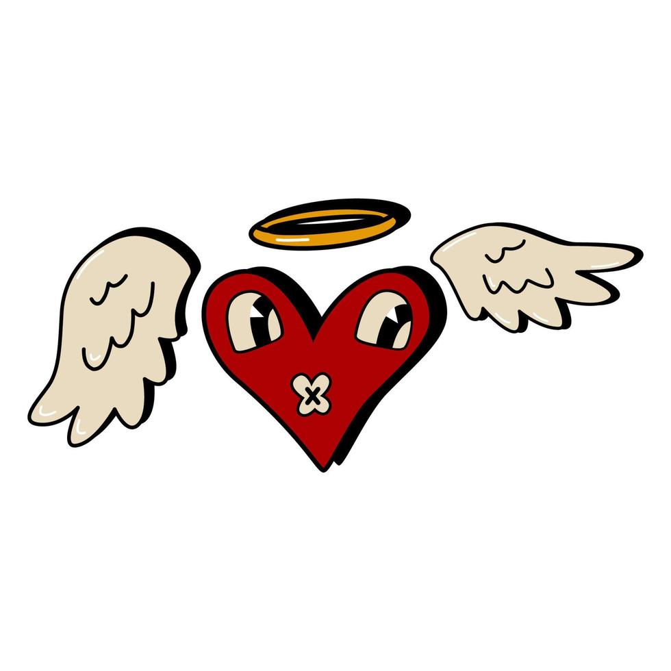 corazón con halo de ángel y alas. vieja ilustración de vector de estilo de dibujos animados.