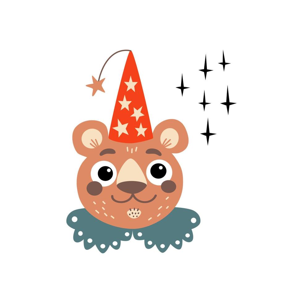 Bear in wizard cone hat. Cute illustration in cartoon style for kids items design. vector