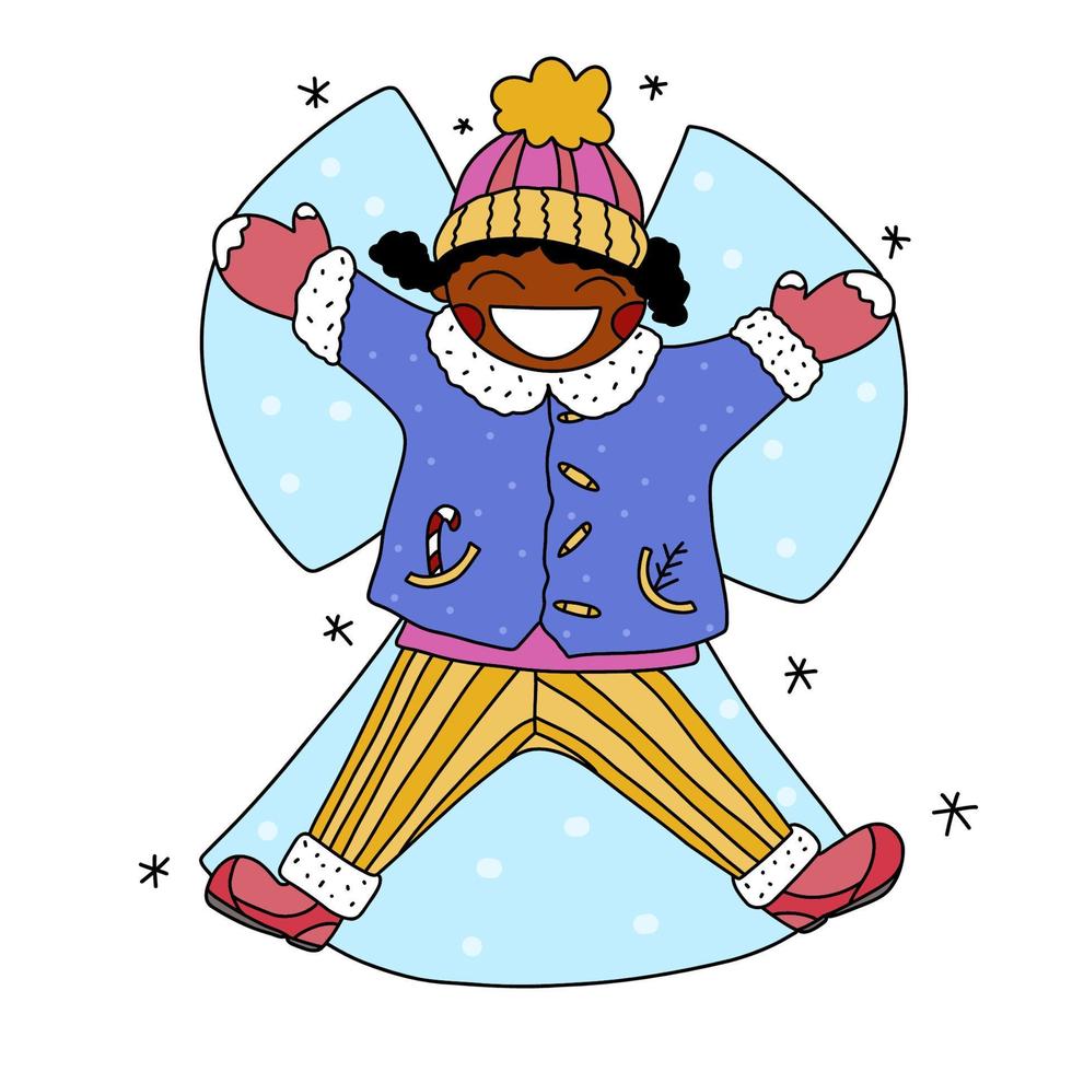 niña afroamericana feliz haciendo ángel de nieve. ilustración vectorial dibujada a mano. vector