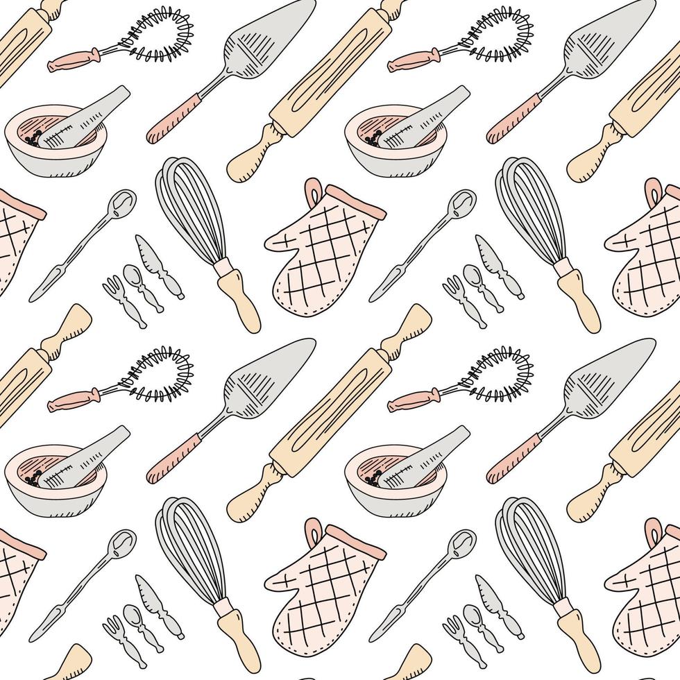 Kitchen tools repeating pattern. Vector seamless background.