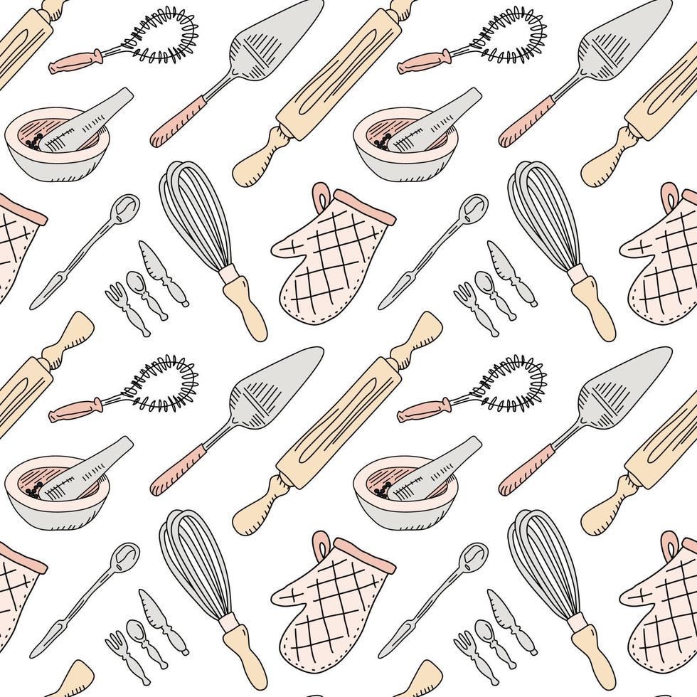 Kitchen tools repeating pattern. Vector seamless background.