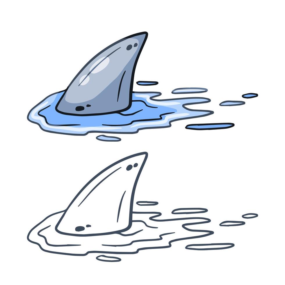 aleta de tiburón. peces depredadores bajo el agua con olas. dibujo para imprimir con animales marinos peligrosos. ilustración de dibujos animados plana vector